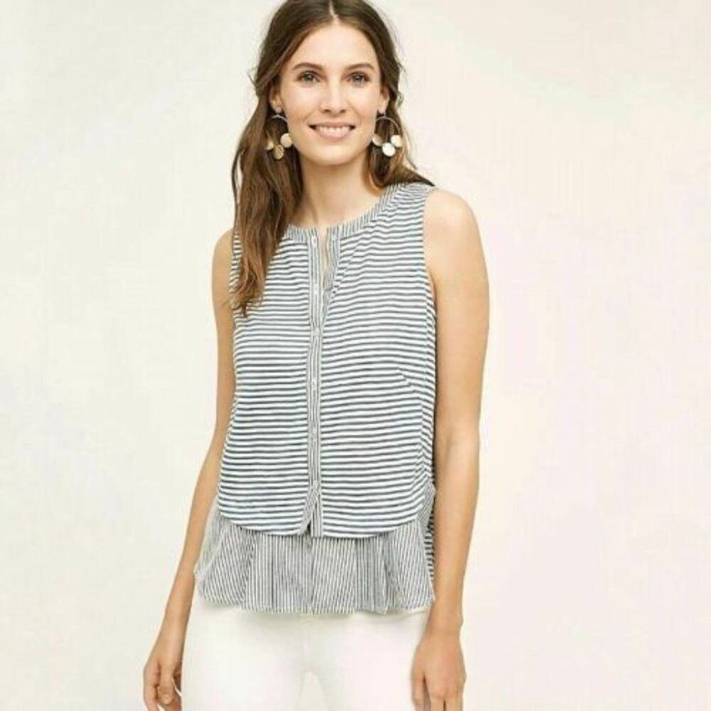 Anthropologie Meadow Rue Womens Blouse Cotton S Blue Stripe Button Up Peplum